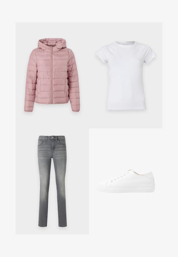 TOM TAILOR DENIM LIGHTWEIGHT PUFFER JACKET - Übergangsjacke - bristly rose; Weißes Baumwoll-T-Shirt mit kurzen, gewellten Ärmeln, rundem Halsausschnitt, figurbetontem Schnitt, glatter Textur und ohne sichtbare Muster oder Verzierungen.; Graue Denim-Jeans im Slim-Fit, mit einem ausgewaschenen Look, fünf Taschen, einem Knopfverschluss und dezenten Nähdetails.; Weiße Leinenschuhe mit niedrigem Schnitt, runder Zehenpartie, sechs Ösen und einer strukturierten Gummisohle. Glattes Material mit minimalen Akzenten.