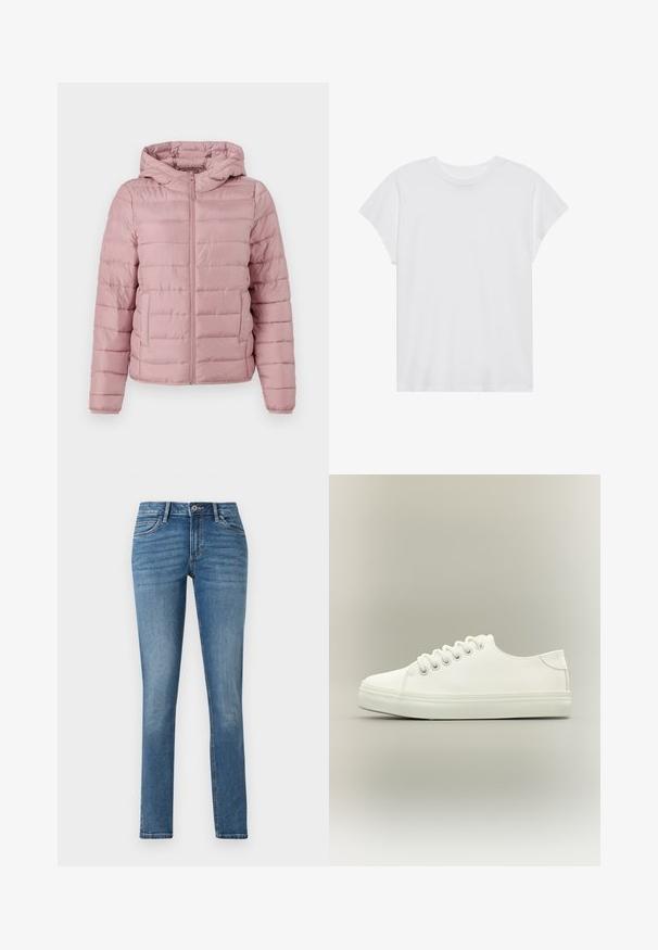 TOM TAILOR DENIM LIGHTWEIGHT PUFFER JACKET - Vinterjakker - bristly rose; Hvid kortærmet t-shirt med rund hals, afslappet pasform, lavet af blødt bomuldsstof. Glat tekstur, ingen mønstre eller logoer.; TOM TAILOR TTLENE SLIM FIT - Jeans Slim Fit - clean mid stone blue denim; Hvid lavtop sneaker med hvide snørebånd og gummisål vist fra siden på en neutral baggrund.
