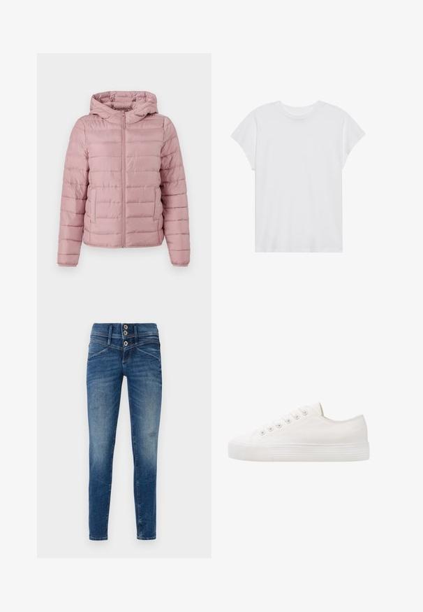 TOM TAILOR DENIM LIGHTWEIGHT PUFFER JACKET - Jas - bristly rose; Witte t-shirt met korte mouwen, ronde hals, relaxte pasvorm, gemaakt van zacht katoen. Glad textuur, geen patronen of logo's.; Skinny jeans in donkerblauwe denim met een vervaagde afwerking, voorzien van een hoge taille, met een sluiting met twee knopen en gescheurde details op de benen.; Witte canvas sneaker met ronde neus, zes oogjes voor veters, structuur rubberen zool en subtiele stikdetails langs de zijkanten.