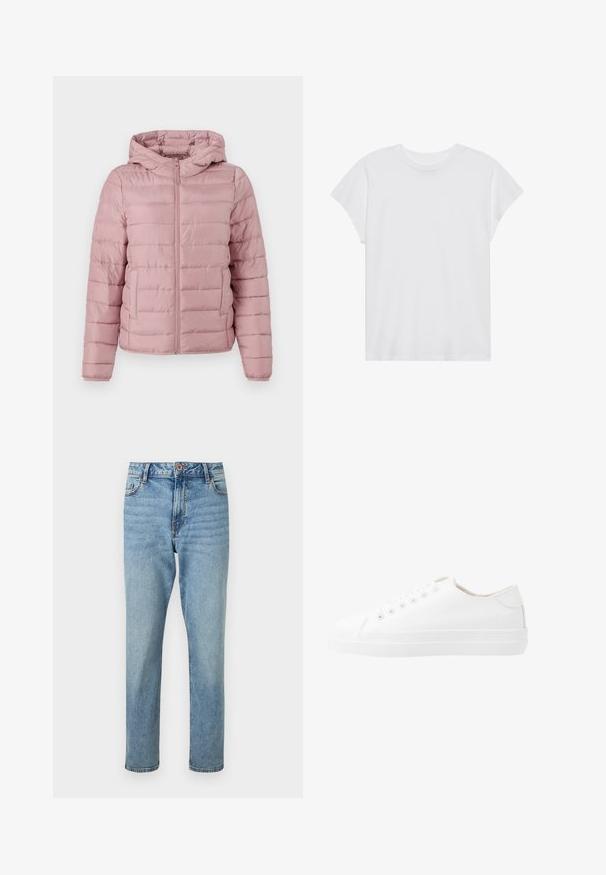 TOM TAILOR DENIM LIGHTWEIGHT PUFFER JACKET - Overgangsjakke - bristly rose; Hvid kortærmet t-shirt med rund hals, afslappet pasform, lavet af blødt bomuldsstof. Glat tekstur, ingen mønstre eller logoer.; Lyseblå højtaljede jeans med rette ben, forsideknap og lynlåslukning, forlommer og subtile falmede detaljer.; Hvide kanvas sneakers med lavt design, rund tå, seks snørehuller og en struktureret gummisål. Glat materiale med minimale detaljer.