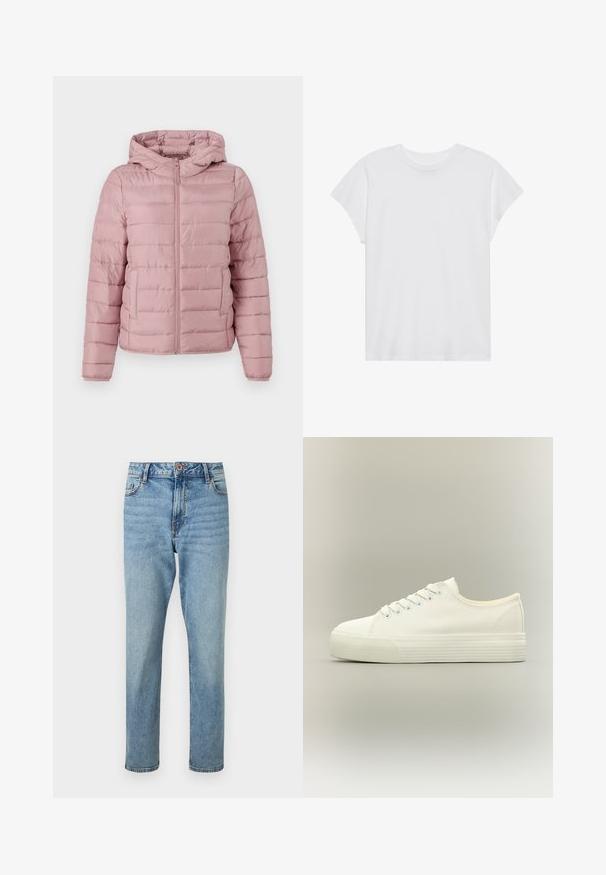 TOM TAILOR DENIM LIGHTWEIGHT PUFFER JACKET - Übergangsjacke - bristly rose; Weißes kurzärmliges T-Shirt mit Rundhalsausschnitt, lockerer Passform, aus weichem Baumwollstoff. Glatte Textur, keine Muster oder Logos.; Hellblaue, hoch taillierte Jeans mit geradem Bein, vorne mit Knopf- und Reißverschluss, vorderen Taschen und dezenten ausgewaschenen Details.; Weißer flacher Canvas-Sneaker mit Schnürung vorne und dicker, strukturierter Gummisohle auf neutralem Hintergrund.