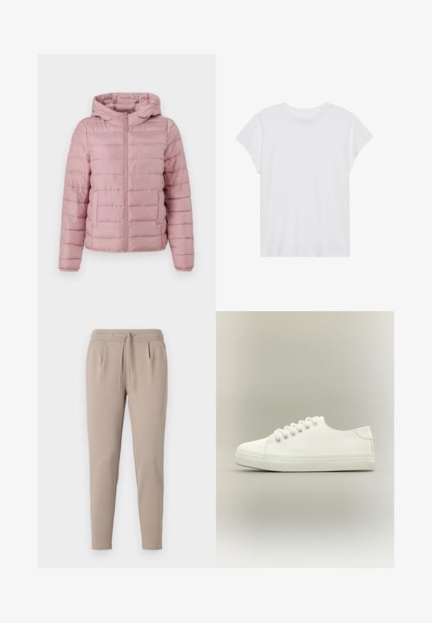 TOM TAILOR DENIM LIGHTWEIGHT PUFFER JACKET - Kerge jope - bristly rose; Valge lühikeste varrukatega T-särk ümmarguse kaelusega, lõdnema sobivusega, valmistatud pehmest puuvillakangasest. Sile tekstuur, ilma mustrite ja logodeta.; Beezid jogger püksid pehmest kangast, millel on elastne vöökoht ja pael, ning küljetaskud. Kitsenev jala disain.; Valge madala säärega toss valgete paelte ja kummist tallaga, külgvaates neutraalsel taustal.
