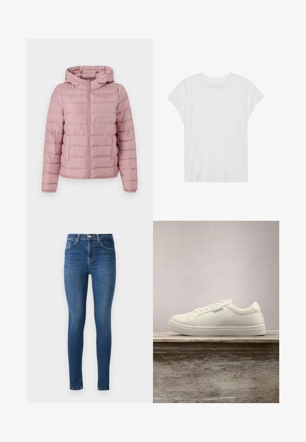 TOM TAILOR DENIM LIGHTWEIGHT PUFFER JACKET - Kerge jope - bristly rose; Valge lühikeste varrukatega T-särk ümmarguse kaelusega, lõdnema sobivusega, valmistatud pehmest puuvillakangasest. Sile tekstuur, ilma mustrite ja logodeta.; Kitsaste sinised teksad, viie taskuga, ees nupuga sulgemine ja sile tekstuur. Kerge pleekimine reite ja põlvede piirkonnas.; Valge nahast toss, millel on paelad, hõljub puidust pingil, taustal on blurred kõrge rohelise muru õues.