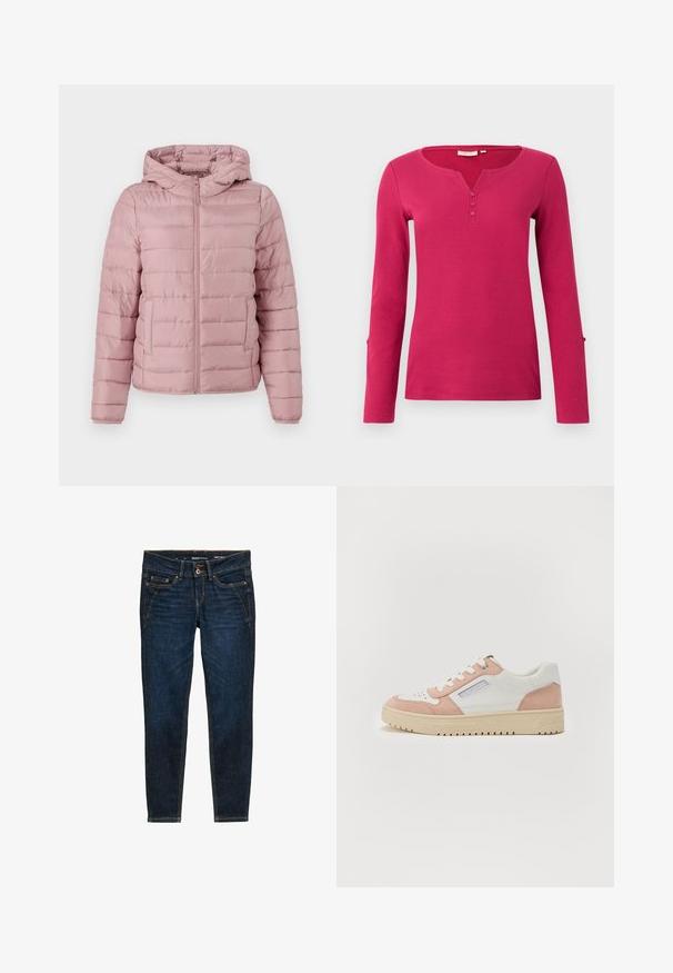 TOM TAILOR DENIM LIGHTWEIGHT PUFFER JACKET - Overgangsjakke - bristly rose; Langærmet lyserød bluse med ribbet tekstur, med en Henley-udskæring og tre knapstolper. Inkluderer slidsdetaljer ved ærmernes kanter.; Mørkeblå denim jeans med slim fit, der har orange syninger, fem lommer og en knaplukning i taljen.; Hvide og lyserøde sneakers i glat læder og ruskind, rund tå, flad sål og tonale snørebånd. Har sidebranding-detalje.