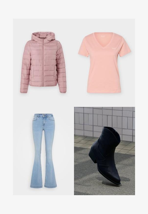 TOM TAILOR DENIM LIGHTWEIGHT PUFFER JACKET - Kerge jope - bristly rose; Hele roosa V-kaelusega lühikeste varrukatega T-särk väikese valge logotekstiga vasakul rinnal, esitatud lihtsal heledal taustal.; Heledad sinised flare teksad, mis on valmistatud denimist, kõrge vöökohaga, viie taskuga ja kontrastset õmblustega õmbluste ääres.; Mustast nahast pahkluuking madala kontsaga, dekoratiivse õmbluse ja terava ninaga, püsti asetatud kivitatud pinnal plaaditud seina kõrval.