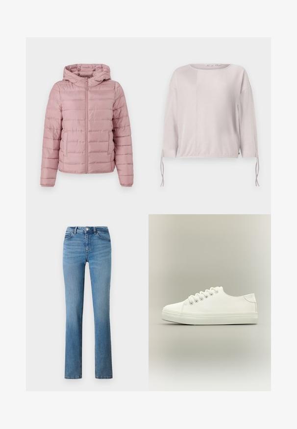 TOM TAILOR DENIM LIGHTWEIGHT PUFFER JACKET - Zimná bunda - bristly rose; Svetlošedý pulóver s dlhými rukávmi, ryhovanou textúrou, voľným strihom, bočnými viazaniami a okrúhlym výstrihom. Má kontrastné panely.; Svetlomodré riflové nohavice s priamym strihom, vybavené zipsom na zapínanie, gombíkovým zapínaním a prešitými vreckami na prednej aj zadnej strane.; Biela nízka teniska s bielymi šnúrkami a gumovou podrážkou, zobrazená z bočného pohľadu na neutrálnom pozadí.