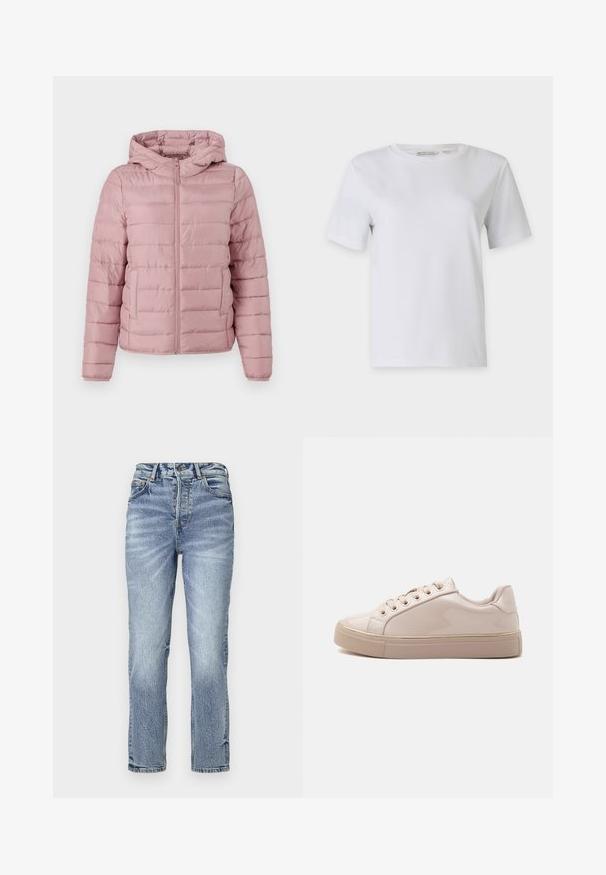 TOM TAILOR DENIM LIGHTWEIGHT PUFFER JACKET - Overgangsjakke - bristly rose; Hvid kortærmet t-shirt lavet af glat bomuld. Har en rund hals og lige kant, uden mønstre eller udsmykninger.; Lyseblå denim jeans med lige pasform, høj talje, falmet tekstur og fem lommer. Har metalknap og lynlås lukning.; Skinnende beige sneaker med lav ankel, snørebånd, gyldne snørehuller og en tyk gummisål, vist fra siden på en ensfarvet hvid baggrund.