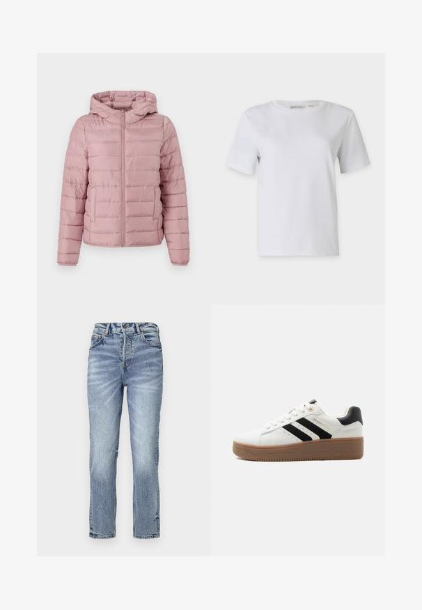 TOM TAILOR DENIM LIGHTWEIGHT PUFFER JACKET - Chaqueta de entretiempo - bristly rose; Camiseta blanca de manga corta hecha de algodón suave. Presenta un cuello redondo y dobladillo recto, sin patrones ni adornos.; Jeans de mezclilla azul claro con ajuste recto, cintura alta, textura desgastada y cinco bolsillos. Presenta cierre de botón metálico y cremallera.; Zapatilla blanca de corte bajo con rayas negras, suela de goma marrón, cierre de cordones y cuello acolchado negro en el talón.