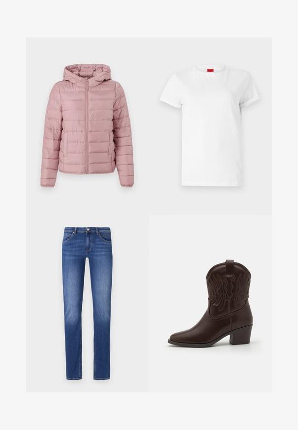 TOM TAILOR DENIM LIGHTWEIGHT PUFFER JACKET - Overgangsjakke - bristly rose; Hvid kortærmet t-shirt lavet af letvægts bomuld. Har en rund halsudskæring og rullede ærmer. Rød logoetiket på kraven.; Blå denimjeans med lige ben, forlommer og en klassisk knap- og lynlåslukning. Let tekstureret med syninger som detaljer.; Brune læder cowboystøvler med spidse tæer, præget vinge mønster, en midhøj blokhæl og en pull-tab bagpå.