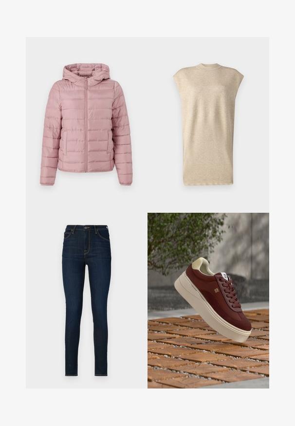 TOM TAILOR DENIM LIGHTWEIGHT PUFFER JACKET - Chaqueta de entretiempo - bristly rose; Top sin mangas de color beige con cuello alto, hecho de una tela suave y texturizada. Presenta un corte holgado y una superficie suave.; Jeans ajustados de mezclilla de color azul oscuro, con una cintura alta, bolsillos frontales y costuras de contraste. Textura suave, diseño ajustado.; Zapatilla de color granate con suela gruesa beige y cuello acolchado en el talón, cordones y el logo "HUGO", flotando sobre una superficie exterior de madera y guijarros.