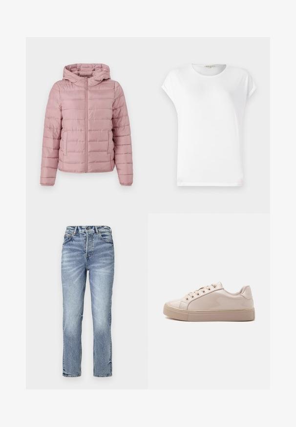 TOM TAILOR DENIM LIGHTWEIGHT PUFFER JACKET - Kerge jope - bristly rose; Valge lühikeste varrukatega T-särk, millel on ümar kaelus, pehme tekstuur ja lihtne disain. Puhtad jooned ja lõdva istuvusega.; Heledsinine denimist teksad sirge lõikega, kõrge vöökoht, pleekinud tekstuur ja viis taskut. Omab metallist nööpi ja tõmblukk. ; Läikiv beež madal sneaker paelte, kuldsete nööpaukude ja paksu kummitallaga, näidatud küljelt valgel taustal.