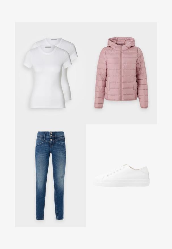 TOM TAILOR DENIM LIGHTWEIGHT PUFFER JACKET - Übergangsjacke - bristly rose; Zwei weiße Baumwoll-T-Shirts mit kurzen Ärmeln, Rundhalsausschnitten und einer engen Passform, die eine glatte Textur und ein minimalistisches Design aufweisen.; Schmale Jeans aus dunkelblauem Denim mit einem verblassten Finish, ausgestattet mit einer hochgeschnittenen Taille, einem Zwei-Knopf-Verschluss und einem distressed Look an den Beinen.; Weiße Leinenschuhe mit niedrigem Schnitt, runder Zehenpartie, sechs Ösen und einer strukturierten Gummisohle. Glattes Material mit minimalen Akzenten.