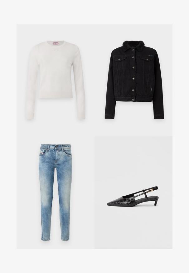 Pepe Jeans REGULAR JACKET - Cowboyjakker - denim; Hvid langærmet sweater med rund hals. Lavet af blødt materiale. Har et lille, diskret logo på brystet. Enkel, minimalistisk design.; Lyseblå denim jeans med slim fit, fem-lomme design og en let falmet tekstur. Har en knaplukning og syninger.; Sort læder slingback sko med spidse tæer og krokodillemønster, lille stablet hæl og justerbar rem med metal spænde detaljer.