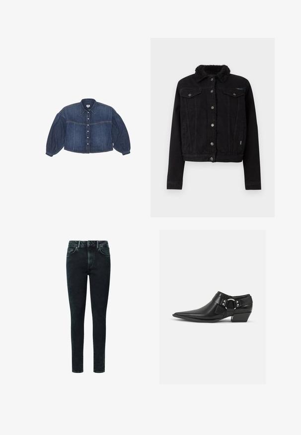 Pepe Jeans REGULAR JACKET - Chaqueta vaquera - denim; Camisa de denim recortada en azul oscuro con cierre de botones en el frente, cuello puntiagudo y mangas largas abullonadas. Presenta detalles de costura horizontal.; Los jeans skinny de mezclilla negra cuentan con un diseño clásico de cinco bolsillos, cremallera frontal y sutiles detalles de desgaste en la parte delantera.; Botas de cuero negras hasta el tobillo con puntera puntiaguda, que presentan una correa de cuero en la parte delantera y un detalle de hebilla plateada, además de un tacón bajo y cuadrado.