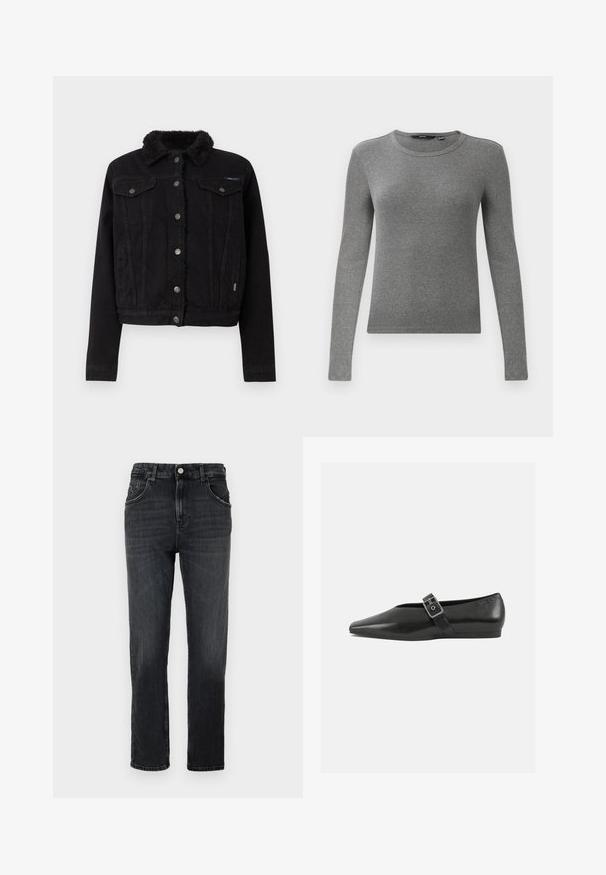 Pepe Jeans REGULAR JACKET - Τζιν μπουφάν - denim; Γκρι μακρυμάνικος ριγέ πουλόβερ με στρογγυλή λαιμόκοψη και εφαρμοστή γραμμή. Η υφή φαίνεται λεία και ελαστική, κατάλληλη για στρώσεις.; Σκούρες γκρίζες τζιν παντελόνες με κλασική ίσια γραμμή, πέντε τσέπες και μία μεταλλική κουμπότρυπα στη μέση.; Μαύρο δερμάτινο παπούτσι φλατ με μυτερή μύτη, διαθέτοντας μια μεταλλική πόρπη που διασχίζει το κέντρο του ποδιού και μια χαμηλή, ευέλικτη σόλα.
