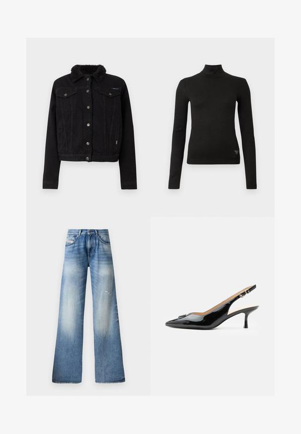 Pepe Jeans REGULAR JACKET - Cowboyjakker - denim; Sort langærmet tætsiddende turtleneck top med en lille trekantet logo detalje nær bunden på forsiden til højre.; Lys blå vidde jeans i denim materiale med en falmet vask, let slid, klassisk fem-lomme design og knaplukning.; Sort patentlæder slingback hæl med spids tå, lille kitten hæl og sølvspænde på en ensartet hvid baggrund.