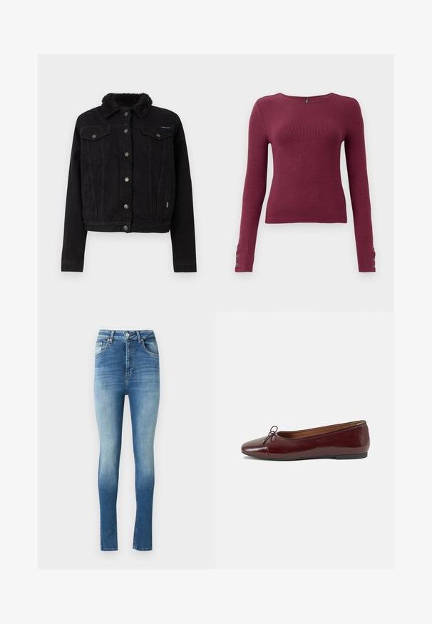 Pepe Jeans REGULAR JACKET - Farkkutakki - denim; Bordeaux pitkähihainen ribbipusero, jossa on pyöreä pääntie ja nappiakkentit hihansuissa. Valmistettu teksturoidusta neuloksesta.; Korkeavyötäröiset skinny-farkut haalistuneessa sinisessä denimissä, jossa on hillitty gradientti. Ominaisuuksiin kuuluu klassinen viiden taskun muotoilu ja nappisuljenta.; Burgundin värinen lakattu nahkainen ballerinatossu pyöreällä varvaskärjellä, pienen nauhan yksityiskohdalla edessä ja matalalla mustalla kumipohjalla. Sujuva pinta.