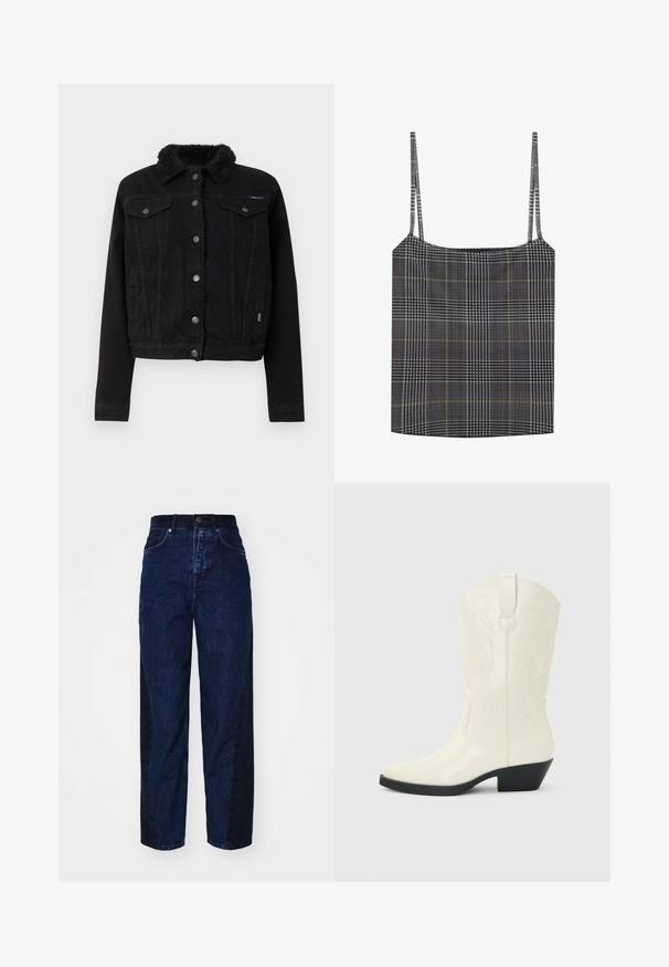 Pepe Jeans REGULAR JACKET - Cowboyjakker - denim; Sort-hvid ternet top med tynde stropper, der har et struktureret stof og gule accentlinjer i mønstret.; Mørkeblå denim jeans med en afslappet pasform, der har et kontrasterende mørkere sidepanel, fem lommer og en knapgylp.; Hvid western-støvle til midt på læggen med spids tå, sort stablet hæl, dekorative sømme og trækflap på skaftet.