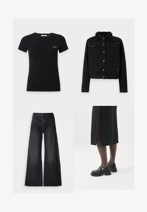 Pepe Jeans REGULAR JACKET - Jeansjacke - denim; Schwarzes, tailliertes T-Shirt mit kurzen Ärmeln, Rundhalsausschnitt und kleinem weißem "Pepe Jeans"-Logo auf der linken Brust.; Schwarze weit geschnittene Jeans aus Denim, mit hoher Taille, zwei Fronttaschen und sichtbaren Nähten sowie einer dezenten strukturierten Oberfläche.; Frau trägt schwarze Loafers mit klobigem Absatz, schwarze transparente Strumpfhosen und einen schwarzen Rock mit Schlitz hinten vor weißem Hintergrund.
