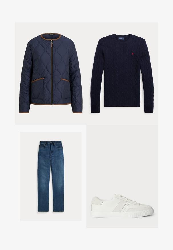 Marinblå quiltet jakke med brun kant, frontlynlås og to forlommer, med rundet halsudskæring og lange ærmer.; Marineblå kabelstrikket sweater med lange ærmer, rund hals, ribstrikkede manchetter, kant og et lille rødt broderet logo på brystet.; Straight-leg blå denim jeans med fem lommer, knaplukning og subtil falmning på lår og knæ, lagt fladt på hvid baggrund.; Hvid sneakers med en glat læderoverdel, suedet detaljer og flade snørebånd. Har en tekstureret gummisål og et minimalistisk design.