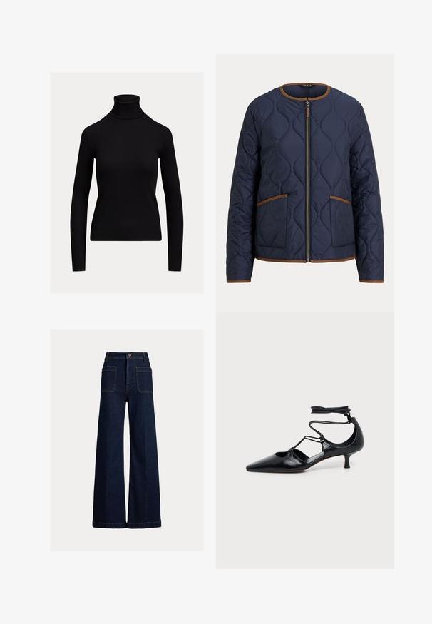 Veste matelassée bleu marine avec bordure marron, fermeture éclair devant et deux poches avant, avec un col rond et des manches longues.; Pull noir ajusté à manches longues avec col roulé et texture côtelée, présenté sur un fond clair uni.; Pantalon en denim bleu foncé à jambes larges avec poches plaquées avant, passants de ceinture et fermeture par boutons sur un fond uni clair.; Chaussure noire à bout pointu et talon kitten avec brides autour de la cheville et détails découpés sur les côtés, présentée sur un fond uni clair.