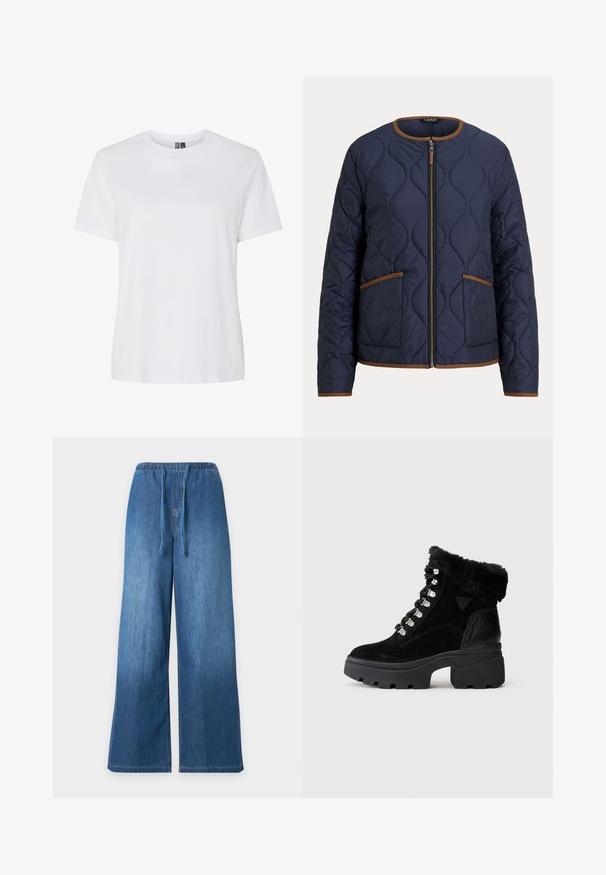 Chaqueta acolchada azul marino con ribete marrón, cremallera frontal y dos bolsillos delanteros, con escote redondeado y mangas largas.; Camiseta de algodón blanca con mangas cortas y escote redondo. Textura suave, corte relajado y sin patrones ni acentos visibles.; Pantalones vaqueros azules de pierna ancha con cinturilla elástica y cierre frontal con cordón sobre fondo liso y claro.; Botines de ante negro con cuello de piel sintética, ojales metálicos y suela de goma gruesa. Detalle del logotipo grabado en el talón. Presenta un diseño de cordones.