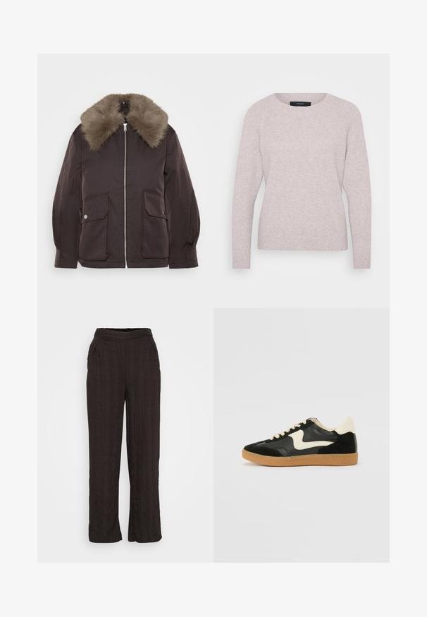 Veste marron avec un col en fourrure synthétique, fermeture éclair à l'avant et deux grandes poches à rabat. Tissu texturé et coupe structurée, idéale pour les temps froids.; Pull léger rose avec un col rond, des manches longues et des poignets côtelés. Texture douce avec un motif léger mélangé.; Pantalons larges noirs en tissu texturé avec un design plissé. Dotés d'une ceinture élastique et de poches latérales.; Baskets en daim et cuir noir avec un swoosh latéral crème et un talon crème clair. Dotées de lacets beige et d'une semelle en caoutchouc gomme.