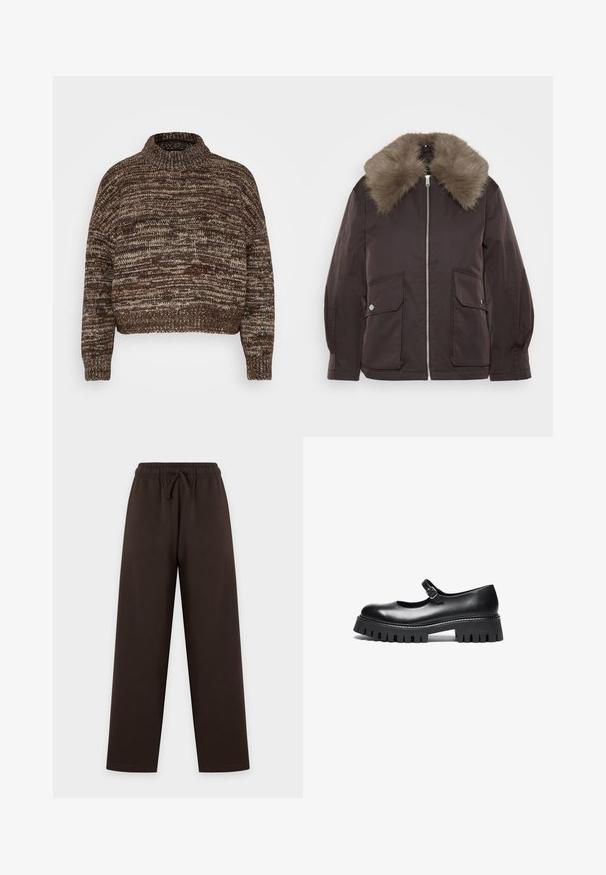 Veste marron avec un col en fourrure synthétique, fermeture éclair à l'avant et deux grandes poches à rabat. Tissu texturé et coupe structurée, idéale pour les temps froids.; Vero Moda Petite VMDAIMA - Pullover - chocolate torte/silver mink/gold; Pantalon large marron foncé avec taille élastique à cordon, présenté à plat sur un fond clair.; Chaussure Mary Jane en cuir noir, avec un bout rond, une sangle à la cheville et une semelle en caoutchouc épaisse présentant des détails nervurés.