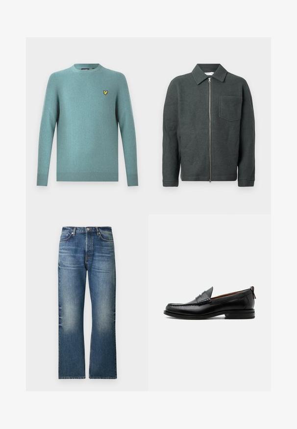 Chaqueta de lana verde oscura con cuello con solapa, cremallera frontal y un bolsillo en el pecho. Presenta un acabado texturizado y un corte relajado.; Suéter de cuello redondo en tejido suave color verde azulado, con mangas largas y borde acanalado. Detalle de logo bordado en amarillo en el pecho.; Jeans de mezclilla azul claro con diseño de pierna recta, que presenta áreas desteñidas, cinco bolsillos y un cierre clásico de botón en la cintura.; Mocasín de hombre de piel negra con costura moc toe, tira penny, cuello texturizado y tacón bajo apilado sobre fondo blanco.