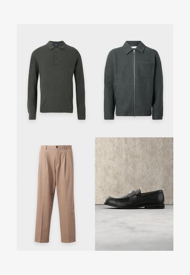 Veste en laine vert foncé avec un col, fermeture éclair devant et poche poitrine unique. Présente une finition texturée et une coupe décontractée.; Polo à manches longues en vert foncé, en tissu texturé. Présente un col classique et une patte de boutonnage à trois boutons.; Pantalon beige en coton, à coupe droite, avec plis à l'avant, fermeture à bouton et poches latérales. Texture lisse.; Mocassin en cuir noir avec une plaque de marque en métal reposant près d'une table ronde marron sur un sol recouvert de moquette beige.