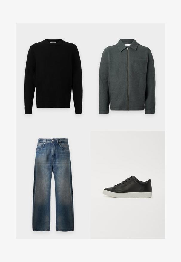 Dunkelgrüne Wollejacke mit kragenförmigem Halsauschnitt, Frontreißverschluss und einer Brusttasche. Sie verfügt über eine strukturierte Optik und einen lässigen Schnitt.; Schwarzer Strickpullover mit rundem Halsausschnitt, langen Ärmeln und gerippten Bündchen. Weicher Stoff mit einem klaren, minimalistischen Design, geeignet für lässige Anlässe.; Hellblaue Denim-Jeans mit weitem Bein und ausgewaschenem Finish, ausgestattet mit fünf Taschen, einem Knopfverschluss und sichtbaren Nähdetails.; Schwarze Leder-Sneaker mit runder Spitze, flacher weißer Gummisohle und einer Schnürung mit sechs Ösen. Glatte Textur, minimalistischer Stil.