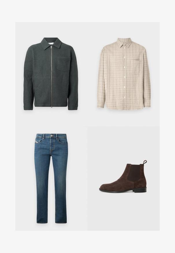 Chaqueta de lana verde oscura con cuello con solapa, cremallera frontal y un bolsillo en el pecho. Presenta un acabado texturizado y un corte relajado.; Camisa de botones en beige claro, con un patrón de cuadros, mangas largas, un bolsillo en el pecho y un diseño de cuello regular.; Jeans de mezclilla azul oscuro con un diseño de pierna recta, estilo de cinco bolsillos y un ligero desgaste. Presenta un botón de metal y trabillas para el cinturón.; Botines de ante marrón con paneles laterales elásticos, punta redondeada y asa en el talón. Suela plana de goma negra.