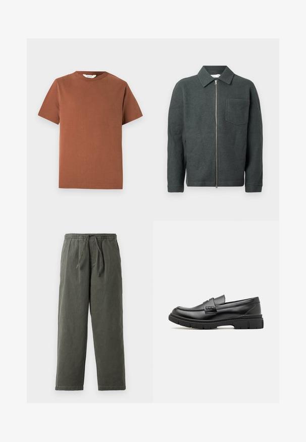 Dunkelgrüne Wollejacke mit kragenförmigem Halsauschnitt, Frontreißverschluss und einer Brusttasche. Sie verfügt über eine strukturierte Optik und einen lässigen Schnitt.; Braunes Kurzarm-T-Shirt mit Rundhalsausschnitt aus weichen Baumwollmaterial, das ein schlichtes Design ohne sichtbare Muster oder Verzierungen aufweist.; Dunkelolivgrüne Pants mit Kordelzugbund aus leichtem Material. Lockere Passform mit geraden Beinen und ohne sichtbare Taschen oder Verzierungen.; Schwarze Lederloafer mit einem breiten Riemen über dem Rist, Gummisohle mit dicken Profilen und glatter Textur. Klassisches, schlankes Design.