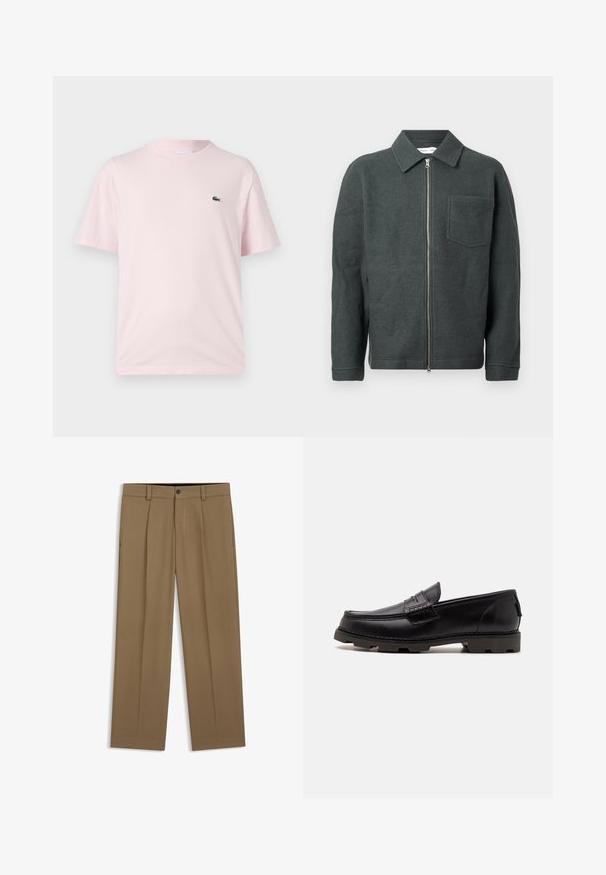 Chaqueta de lana verde oscura con cuello con solapa, cremallera frontal y un bolsillo en el pecho. Presenta un acabado texturizado y un corte relajado.; Camiseta de algodón de color rosa claro con mangas cortas. Presenta un pequeño logo bordado en verde en el lado izquierdo del pecho. Diseño de cuello redondo.; Pantalones marrones de pierna recta con presillas para cinturón, botón en el frente y cierre de cremallera, mostrados planos sobre un fondo blanco.; Mocasines de cuero negro con punta redondeada, costuras decorativas y una suela texturizada para mayor tracción. Tacón ligeramente elevado.