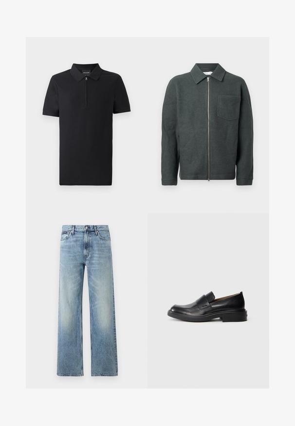 Dunkelgrüne Wollejacke mit kragenförmigem Halsauschnitt, Frontreißverschluss und einer Brusttasche. Sie verfügt über eine strukturierte Optik und einen lässigen Schnitt.; Schwarzes Poloshirt mit kurzen Ärmeln und durchgehendem Reißverschlusskragen, aus glattem Stoff gefertigt, mit klassischem Design und taillierter Passform.; Hellblaue Jeans mit geradem Bein, hohem Bund, fünf Taschen, Knopfverschluss und dezentem Verblassen an Oberschenkeln und Knien.; Schwarze Leder-Pantoletten mit niedrigem Absatz und dezentem Calvin Klein-Logo an der Seite, im Profil vor einem weißen Hintergrund dargestellt.