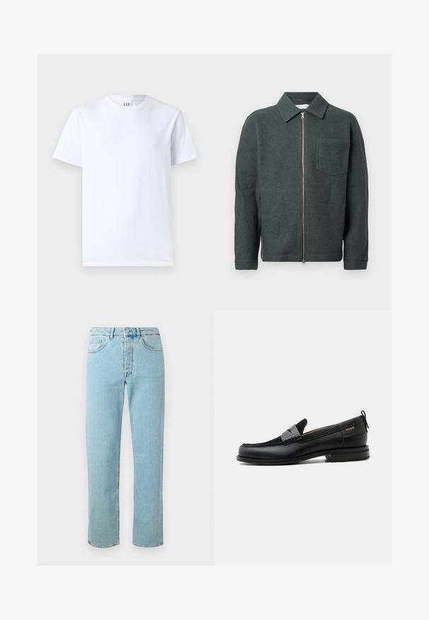 Veste en laine vert foncé avec un col, fermeture éclair devant et poche poitrine unique. Présente une finition texturée et une coupe décontractée.; T-shirt en coton blanc avec un col rond et des manches courtes. Design simple sans motifs ni graphiques, avec le logo GAP sur le col.; Jean en denim bleu clair avec une coupe droite, comportant cinq poches, un zip et un léger délavage sur l'ensemble du tissu.; Mocassin en cuir noir avec détail de bride grise, talon bas et semelle texturée, marqué "HUGO" en or sur le côté.
