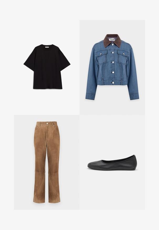 Blaue Jeansjacke mit braunem Cordkragen, silbernen Knöpfen vorne und zwei knöpfbaren Brusttaschen.; Schwarzes Baumwoll-T-Shirt mit lockerem Schnitt, kurzen Ärmeln, rundem Ausschnitt und glatter Textur. Keine Muster oder Akzente.; Braune Wildleder-Hosen mit weitem Schnitt, strukturiertem Design, Fronttaschen und einer glatten Textur. Mit Metallknöpfen am Bund und an den Nähten.; Schwarze Leder-Ballettschuhe mit abgerundeter Spitze, glatter Textur, minimalen Nähdetails und einem flexiblen Sohlen-Design.