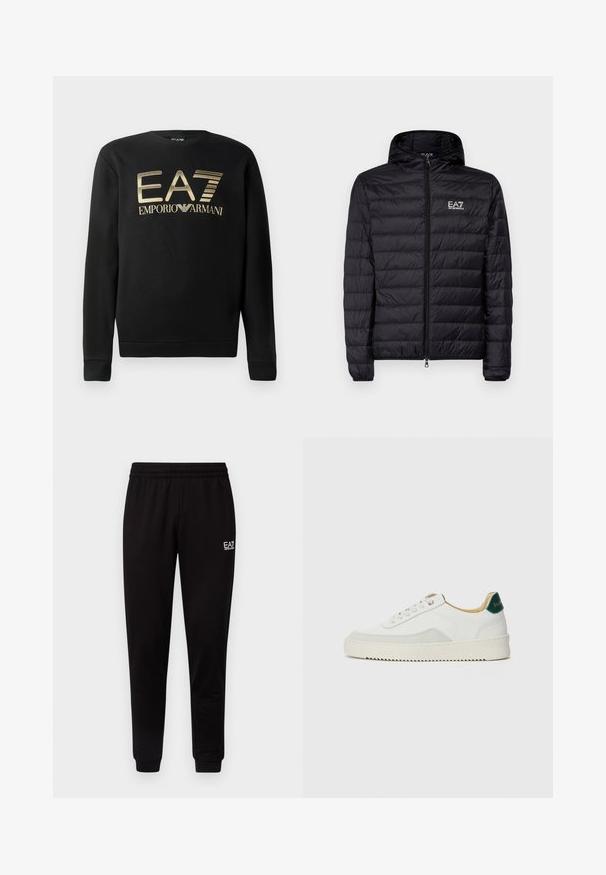 Doudoune noire rembourrée avec capuche, présentant un design matelassé horizontal, une fermeture éclair complète et le logo EA7 sur la zone de la poitrine gauche. Texture lisse.; Sweatshirt noir à col rond, arborant le logo doré EA7 Emporio Armani sur la poitrine. Tissu doux avec des poignets et un ourlet côtelés.; Pantalon de survêtement noir avec une taille élastique, des jambes fuselées et un petit logo blanc en haut à gauche. Texture lisse et design simple.; Baskets blanches avec des accents en daim, bout arrondi, lacets plats et semelle en caoutchouc crème. Présente une marque verte sur le talon.