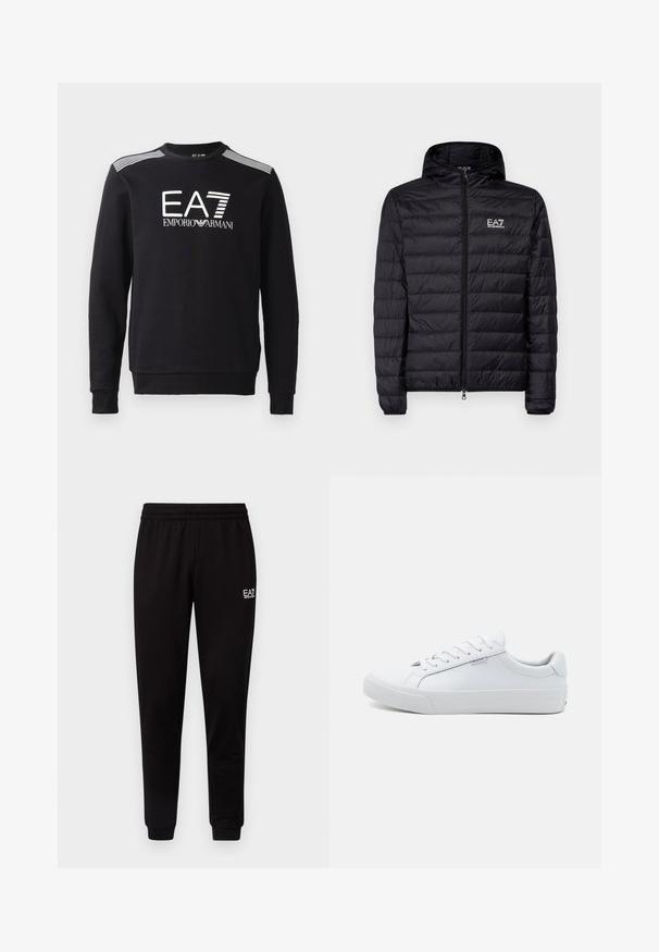 Zwarte gewatteerde jas met capuchon, met een horizontaal doorgestikte dessin, volledige rits en EA7-logo op de linkerkant van de borst. Glad textuur.; Zwarte sweatshirt van katoen, met een ronde hals, lange mouwen, een wit EA7-logo en strepen over de schouders.; Zwarte joggingbroek met een elastische tailleband, taps toelopende benen en een klein wit logo aan de bovenlinke kant. Glad materiaal en een eenvoudig ontwerp.; Witte leren sneakers met een gladde afwerking, laagmodel ontwerp, ronde neus en platte rubberen zool. Voorzien van platte veters en minimale merkpresentatie.