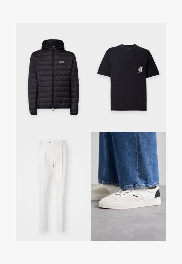 Must must jacket, mille äärisega, horisontaalse tikandiga disain, täis lukuga ning EA7 logo vasakul rinnal. Sile tekstuur.; Must mustaga T-särk, ümmarguse kaelusega ja lühikeste varrukatega. Omab rinnanuka taskut koos valge "A/X" logoga. Sile tekstuur, mugav lõige.; Valged kohandatud püksid, millel on sirge esiosa, kaks voltimist ja rullitud avad. Valmistatud siledast kangast, millel on nööpelement vööl.; Valged ja mustad spordijalatsid sileda nahkpealise, tekstuursete aktsentidega ja paksu valge tallaga. Omab klassikalist nööbistamise disaini.