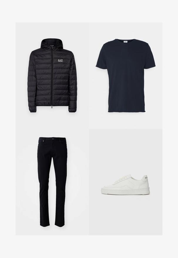 Chaqueta acolchada negra con capucha, con un diseño de acolchado horizontal, cremallera completa y logo de EA7 en la parte izquierda del pecho. Textura suave.; Camiseta de algodón azul marino con cuello redondo y mangas cortas, de textura suave y diseño simple, sin patrones ni acentos visibles.; Pantalones de algodón negros de corte slim, con cierre de botón, trabillas para el cinturón, bolsillos delanteros y una textura suave.; Zapatilla de cuero blanca con un acabado suave, puntera redonda, cordones planos y suela texturizada. Cuenta con un sutil logo en el talón.