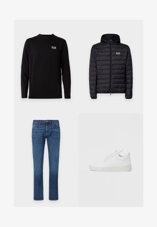 Chaqueta acolchada negra con capucha, con un diseño de acolchado horizontal, cremallera completa y logo de EA7 en la parte izquierda del pecho. Textura suave.; Camisa negra de manga larga hecha de tela suave. Presenta un pequeño logo blanco en la parte superior izquierda del pecho. Cuello redondo sencillo y corte recto.; Vaqueros de mezclilla azul con corte recto, que cuentan con un diseño clásico de cinco bolsillos y cierre de botones. Sutil desgaste en la textura de la tela.; Zapatilla blanca de cuero con punta redondeada, suela plana y cierre de cordones. Presenta detalles de costuras y un cuello acolchado para mayor comodidad.