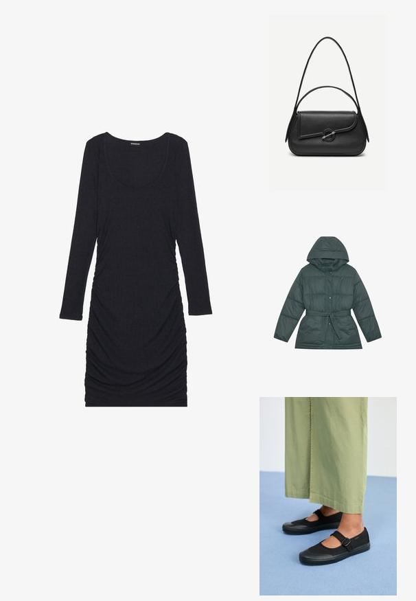 Dunkelgrüne Daunenjacke mit Kapuze, ausgestattet mit einem taillierten Gürtel, Druckknöpfen und gestepptem Muster. Weiches, synthetisches Material.; Schwarzes, geripptes Langarmkleid mit Rundhalsausschnitt und gerafften Seitendetails, aus weichem, strukturiertem Stoff.; Schwarze Leinenschuhe mit runder Spitze, Gummisohle und einer Schnallenriemen. Kombiniert mit lockeren, hellgrünen Hosen.; Schwarze Lederhandtasche mit abgerundeten Kanten, asymmetrischem Überschlag, metallfarbenem runden Verschluss und kurzen sowie langen Schulterriemen.