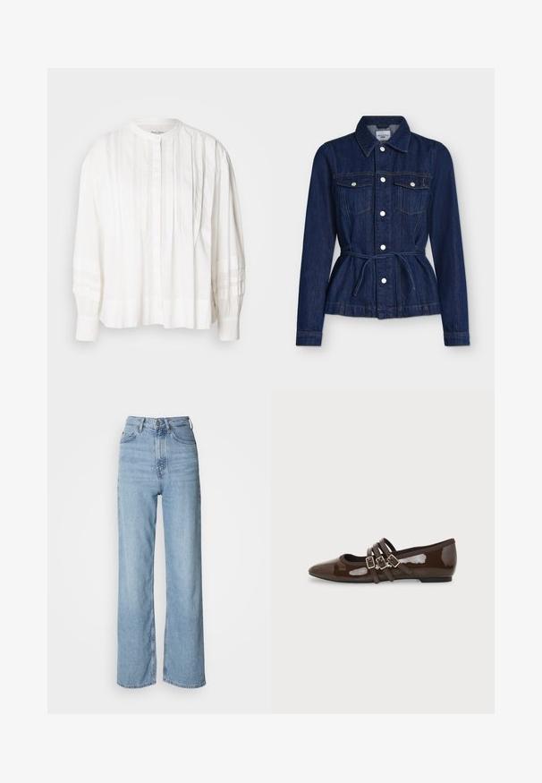 Veste en denim bleu foncé à manches longues, fermeture à boutons sur le devant, poches poitrine et ceinture à nouer à la taille.; Blouse blanche avec un col rond, fermeture à boutons et plis verticaux. Manches longues avec une texture froncée, fabriquée en tissu léger.; Jean taille haute bleu clair avec une jambe droite, en denim, présentant une fermeture à bouton sur le devant et des détails de décoloration subtils.; Chaussure plate en cuir verni marron avec bout pointu et trois brides ajustables à boucle sur le côté, vue du profil extérieur.