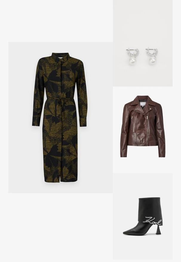Chaqueta de moto de piel marrón con cuello de muesca, dos bolsillos frontales con cremallera y un diseño ajustado. Textura suave con hardware mínimo.; JDY JDYLIZA SHIRT DRESS - Vestido camisero - winter moss; Botín de cuero negro con punta afilada, tacón alto y grueso, y parte superior doblada con un detalle del logo plateado "Zaul".; Pendientes de aro de plata con una perla blanca redonda colgante, detalles de piedras preciosas transparentes sobre la perla, textura lisa y acabado pulido.