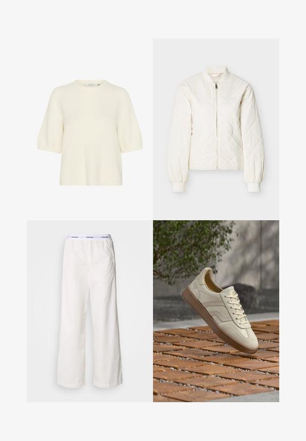Hvid quiltet bomberjakke med lynlås foran, ribbede manchetter og et lille logopatch på brystet. Glat tekstur, let design.; Kortærmet sweater med rund hals lavet af blødt, fluffy materiale i off-white. Har en afslappet pasform med ribbede cuffs og kant.; Hvide brede bukser med elastisk talje og et kontrasterende Calvin Klein-logo. Fremstillet af glat stof, giver de en afslappet pasform.; Sneakers i cremefarve med en struktureret beige gummisål, snøredesign og diskret brand på siden. Overdel i glat læder.