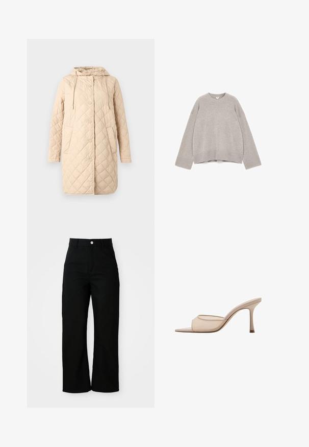 Beige quiltet frakke med hætte, med knaplukning foran, to sidelommer og snøre ved halsen. Glat tekstur med diamantmønster.; Grå strikket sweater med rund hals, sænket skulder og ribbede manchetter og kant. Har en afslappet pasform og blød tekstur.; Sorte højtaljede bukser med lige ben, forlommer, bæltestropper og sølvfarvet knaplukning på hvid baggrund.; Nøgen hæl sandal med åben tå og gennemsigtig overdel samt slank hæl, der har en glat tekstur og minimalistisk design.