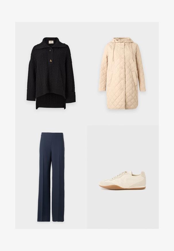 Manteau matelassé beige avec une capuche, doté d'une fermeture à boutons sur le devant, de deux poches latérales et d'un cordon de serrage au niveau du col. Texture lisse avec un motif en forme de losanges.; Pull noir en tricot avec un motif texturé, col montant et fermeture à bouton. Manches et ourlet côtelés, avec un accent triangulaire doré.; Pantalon large bleu marine à taille haute avec un devant épuré, présenté sur un fond gris clair uni.; Baskets beige clair avec une tige en cuir texturé, des panneaux latéraux texturés et une semelle en caoutchouc. Dotées d'un design fin et épuré ainsi que de lacets plats.