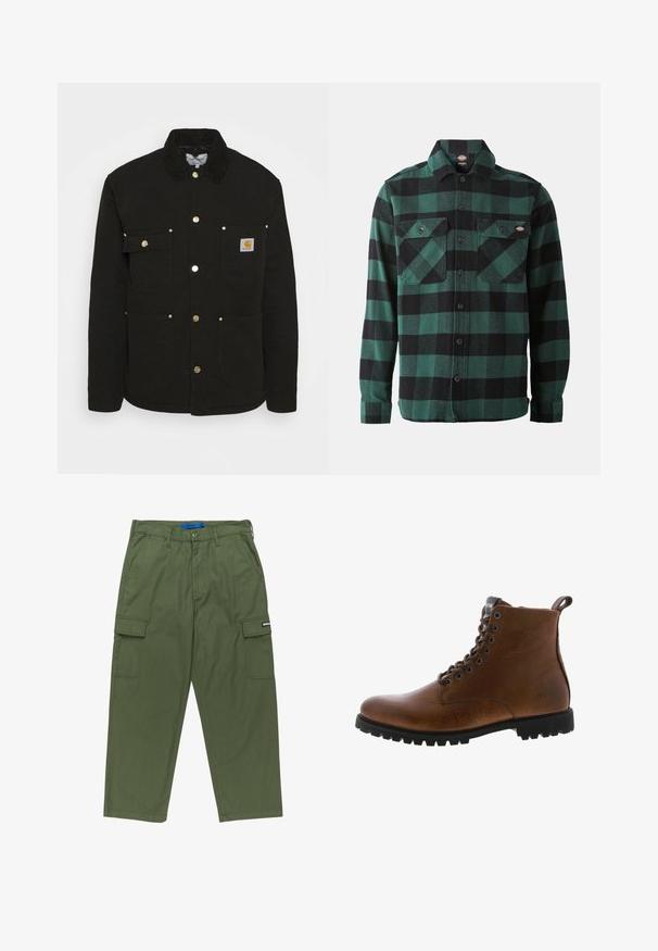 Carhartt WIP CHORE - Übergangsjacke - black; Grün-schwarz kariertes Flanellhemd mit langen Ärmeln, Knopfverschluss vorne, zwei Brusttaschen und einem klassischen Kragen. Weiche Textur, vielseitiges Design.; Grüne Cargo-Hosen mit geradem Schnitt, mehreren Seitentaschen und einem Reißverschluss. Hergestellt aus strapazierfähigem Baumwollstoff. Mit Markenlabel.; Braune Lederstiefeletten mit strukturiertem Finish, metallischen Ösen und schwarzer Gummisohle. Mit Zuglasche hinten für einfaches An- und Ausziehen.