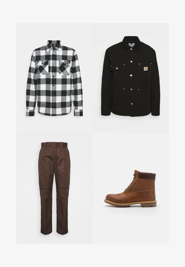 Carhartt WIP CHORE - Jas - black; Zwart-witte flanellen blouse met een geruit patroon, voorzien van twee borstzakken, knoopsluiting en een kraag. Zachte, gestructureerde stof.; Bruine, recht lopende broek met een gladde textuur. Heeft een riemlus, zijnaad en een klein merklogo op het linkerbeen.; Bruine leren wandelschoen met een gladde afwerking, gevoerde enkel, metalen oogjes en een rubberen zool met een robuust profiel.